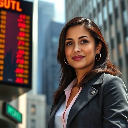 Jessica Rodriguez near a stock ticker